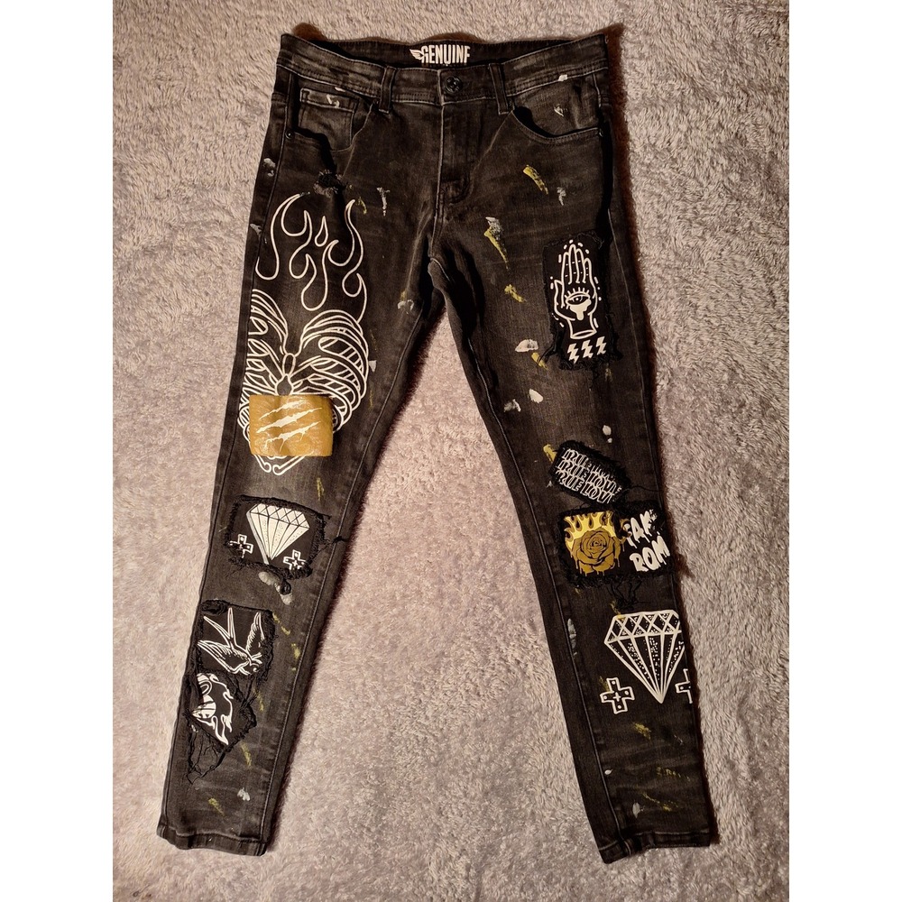 GENUINE AUTHENTIC Black Wash Jeans with Patches Slim Fit Men's 32W x 32L Grunge
